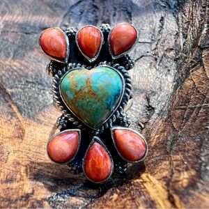925 Sterling Silver Turquoise Heart & Spiny Oyster Ring Size 7